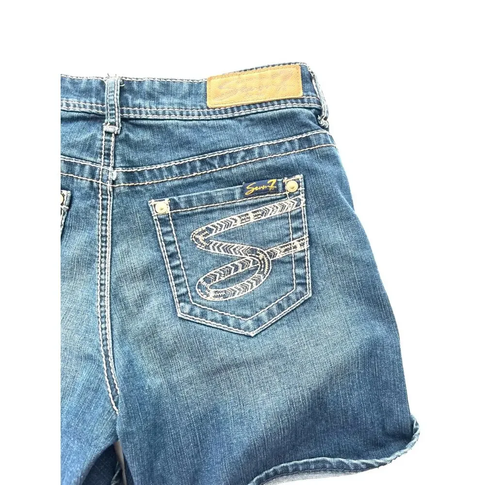 2000s Y2K Women's Long Jean Shorts Medium Seven7 Dark Wash Denim Jorts Bermudas